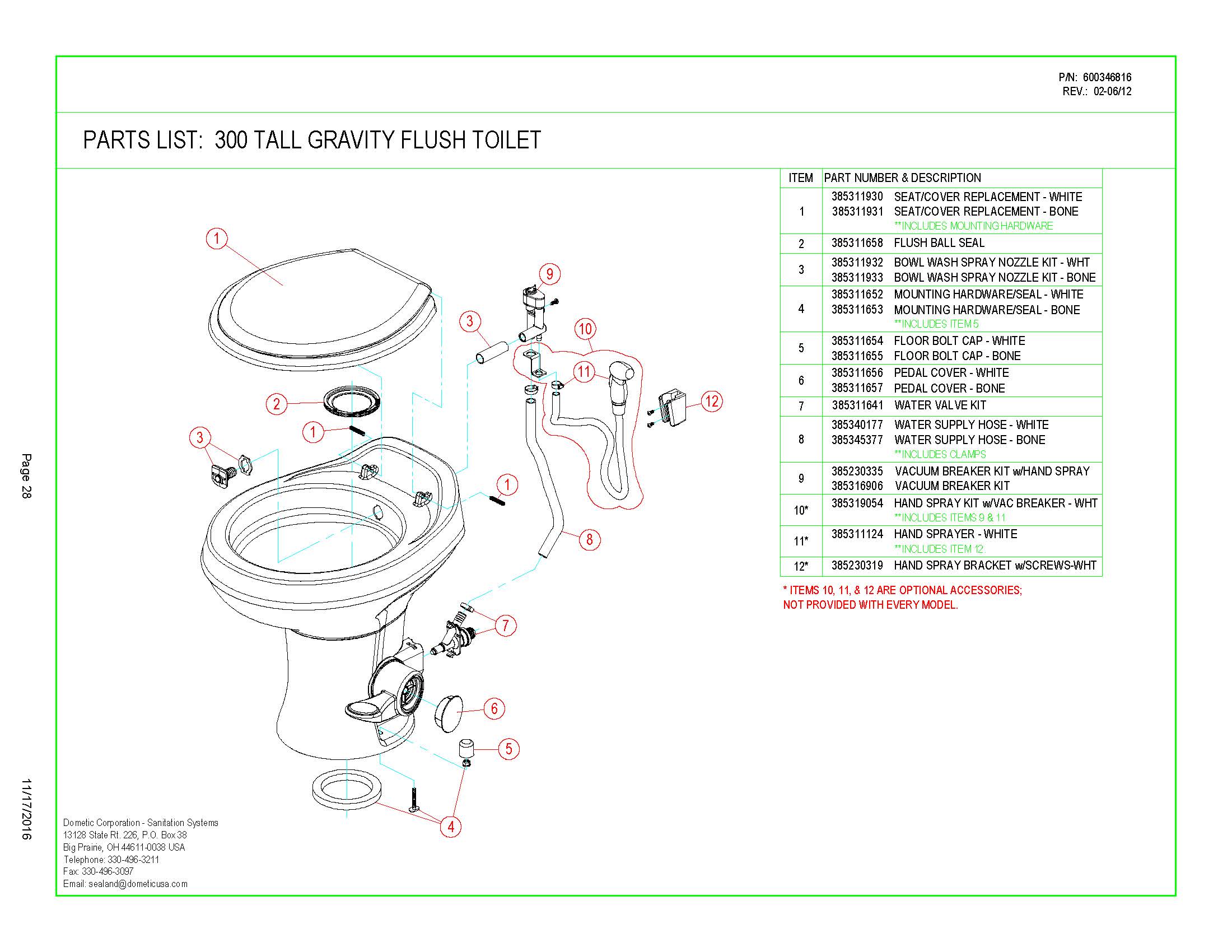 Sealand Dometic 300 Gravity Toilet Spare Parts