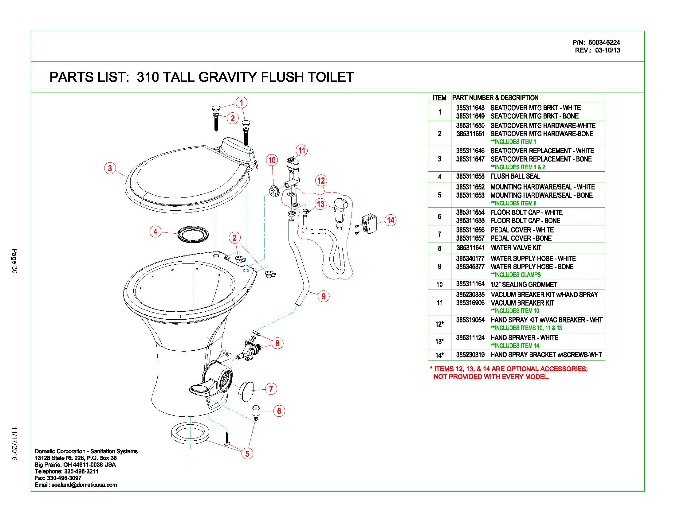 Sealand Dometic 310 Gravity Toilet Spare Parts
